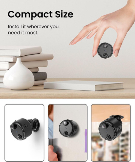 Long Time Standby Human Motion Portable Magnetic Mount Indoor Mini Camera, compact black camera with magnetic base for indoor use.