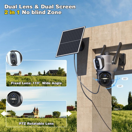 4G Cellular Security Camera【Dual Lens】 Outdoor with SIM Card, 14400mAh 2K HD Wireless Solar 4G LTE Camera, PTZ Motion Detetection Spotlight Siren TF Cloud Storage