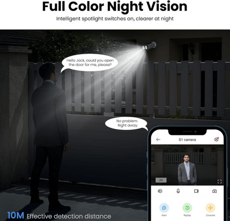 2K Solar Camera Outdoor Wireless-2.4Ghz WiFi Cameras for Home Security, continuous power, color night vision, SD card/cloud storage, waterproof, compatible with Alexa and Google Home, depicted mounted outdoor with night vision, and a smartphone app interface showing live feed and controls.