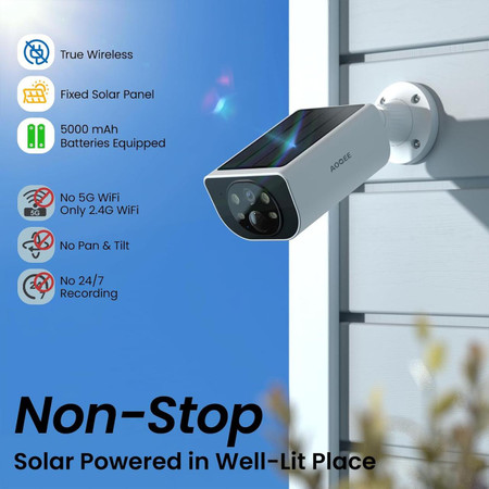 2K Solar Camera Outdoor Wireless-2.4Ghz WiFi Cameras for Home Security, Continuous Power, Color Night Vision, SD Card/Cloud Storage, Waterproof, Compatible with Alexa/Google Home S1, mounted on an exterior wall with solar panel and highlighting features.