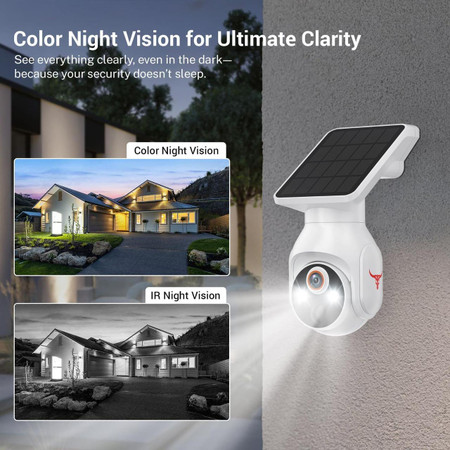 Solar-Powered 1080p Battery Camera, security camera with solar panel for outdoor home surveillance, featuring color night vision, IR night vision, AI human detection, and wireless connectivity.