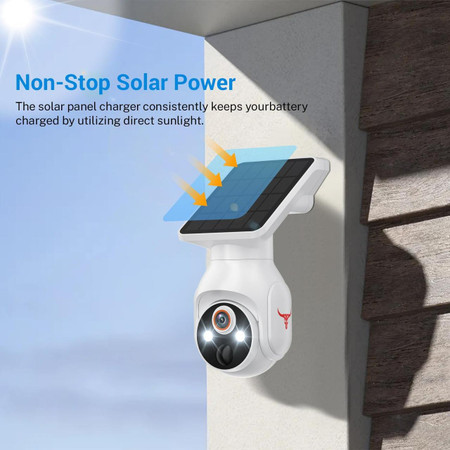 Solar-Powered 1080p Battery Camera, outdoor security camera with solar panel installation on a wall for home surveillance, featuring AI human detection and wireless connectivity.