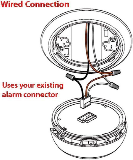 Csc Electronics Hard Wired Dummy 4K UHD Smoke Detector WiFi Surveillance Camera DVR with Wireless Streaming Video for iPhone, Tablet, and More, showing the product's wiring and installation setup with alarm connector usage.