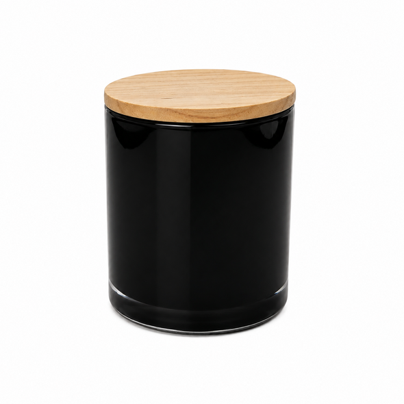 13.5 oz Gloss Black Cali Jar with Natural Wood Style Lid