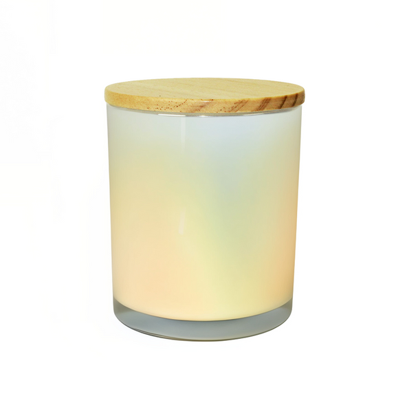 13.5 oz Iridescent Cali Jar with Natural Wood Style Lid in bright light
