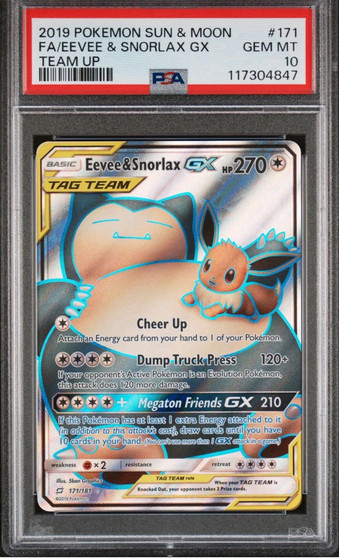 2019 POKEMON SUN & MOON TEAM UP #171 FULL ART/EEVEE & SNORLAX GX PSA 10