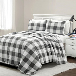 Twin Size Plaid Soft Faux Fur Comforter Set in Black White Grey Q280-TWBW1490 Twin Size Plaid Soft Faux Fur Comforter Set in Black White Grey Q280-TWBW1490