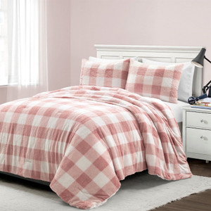 Twin Size Plaid Soft Faux Fur Comforter Set in Pink Blush Q280-PITW1590 Twin Size Plaid Soft Faux Fur Comforter Set in Pink Blush Q280-PITW1590