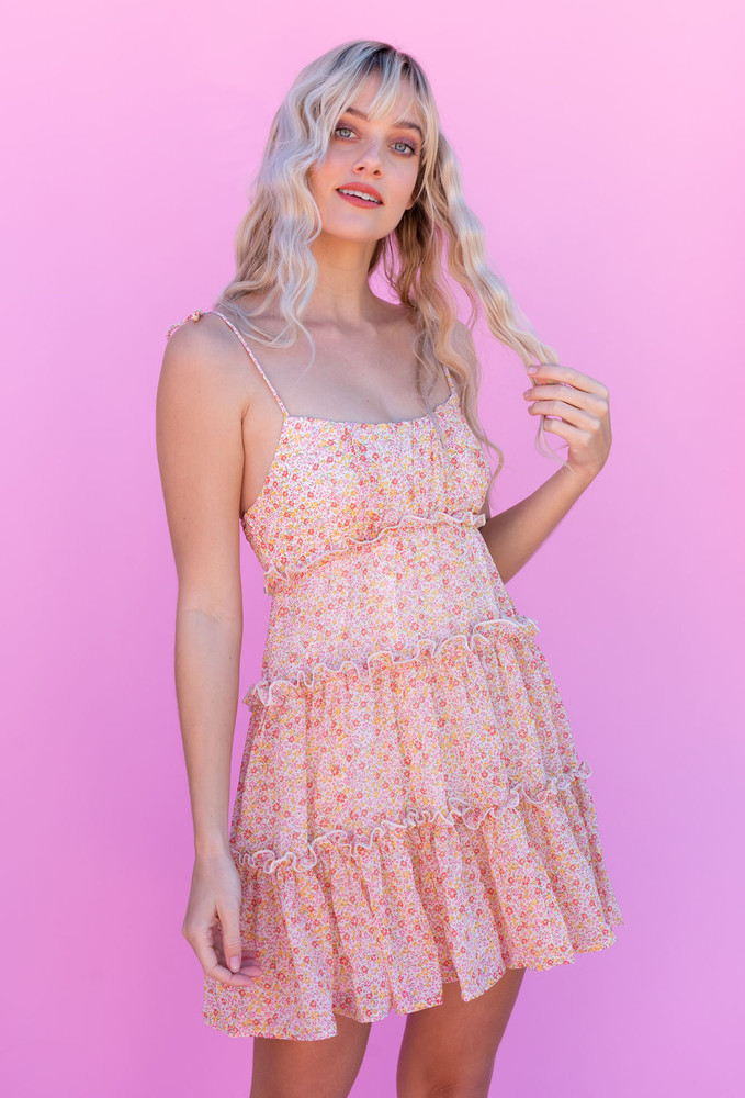 CALIstyle Golden Sunsets Baby Doll Dress In Pink/Orange Floral