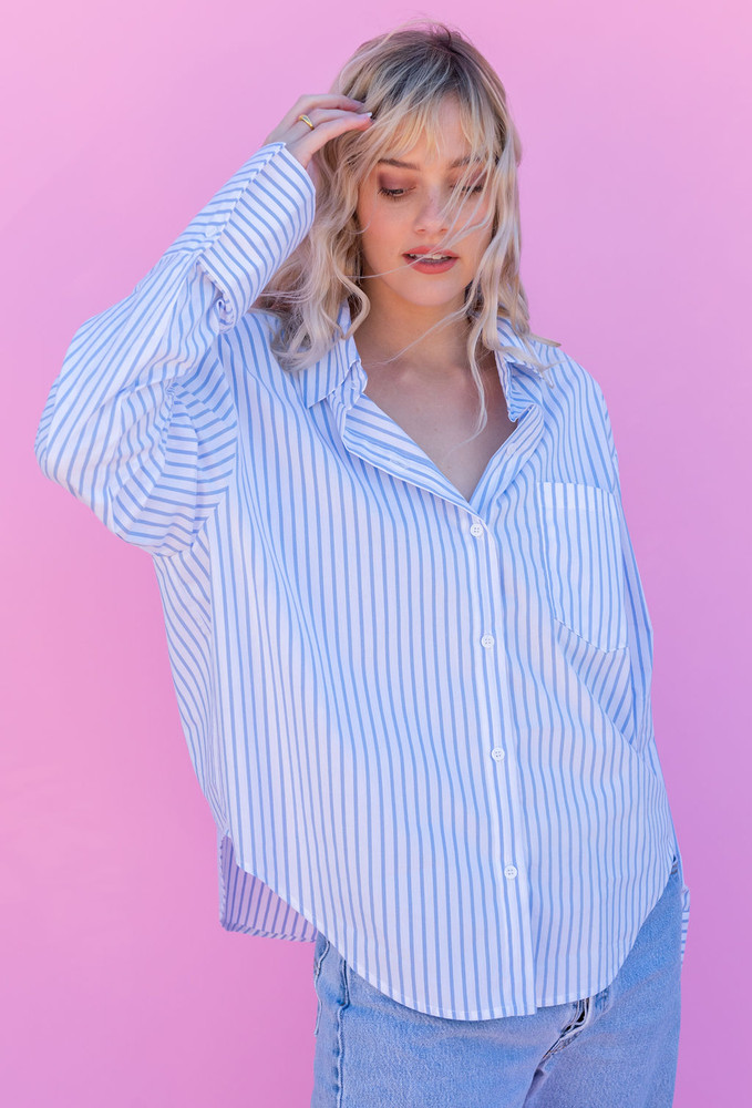 CALIstyle Not Your Boyfriends Oversized Button Down Stripe Shirt In Blue/White - RESTOCK