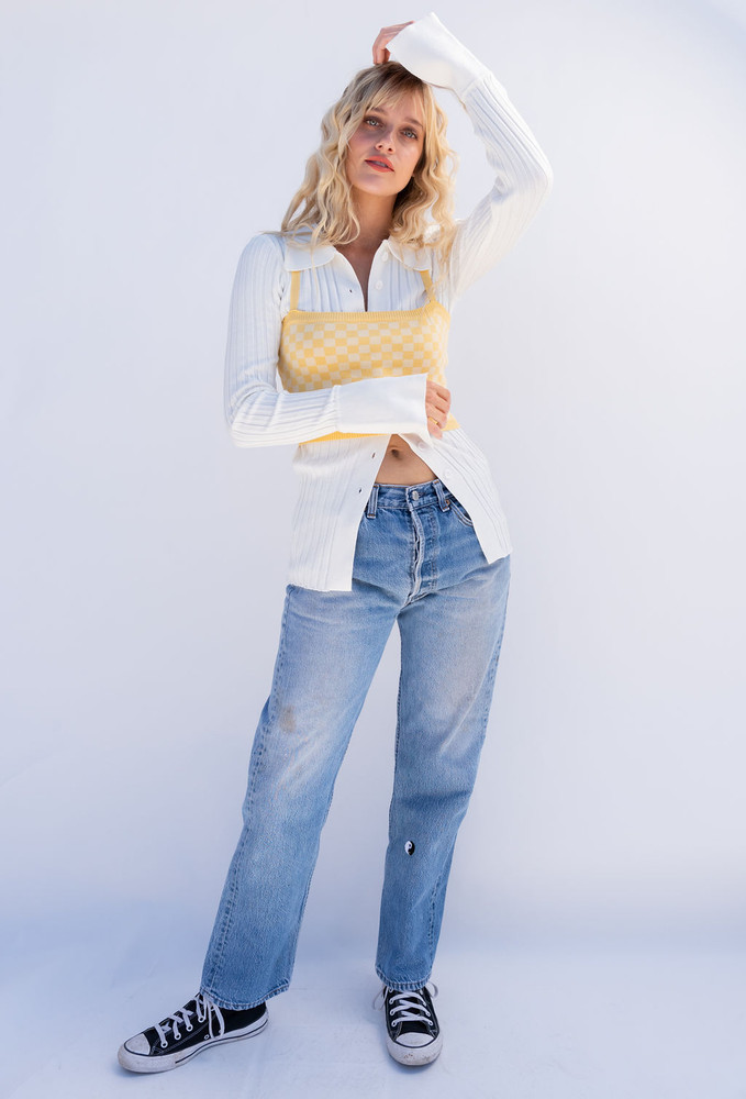 CALIstyle At Sunset Checked Crop Knit Top - Yellow 