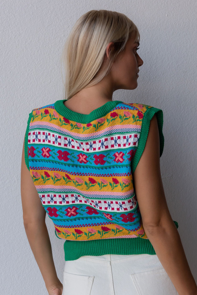 CALIstyle California Cool Knit Vest In Green Floral Multi - It's Back!