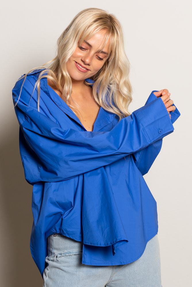 CALIstyle Not Your Boyfriends Oversized Button Down Shirt In Cobalt