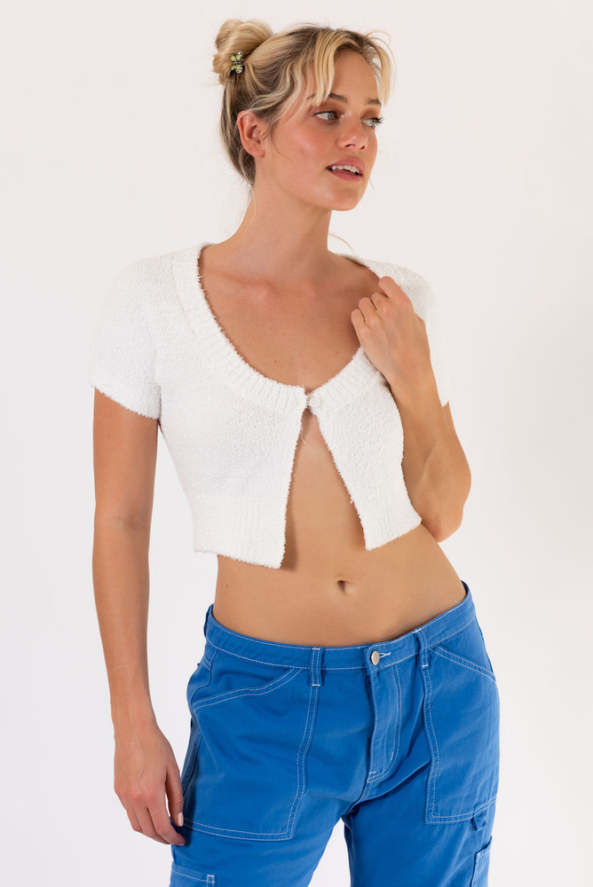  CALIstyle Heavenly Teddy Knit Crop Cardigan/Top In White