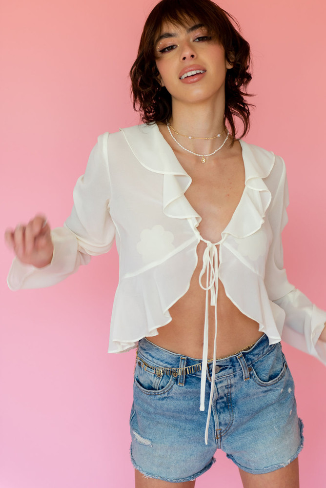 CALIstyle Day To Night Ruffled Sheer Tie Top In Ivory