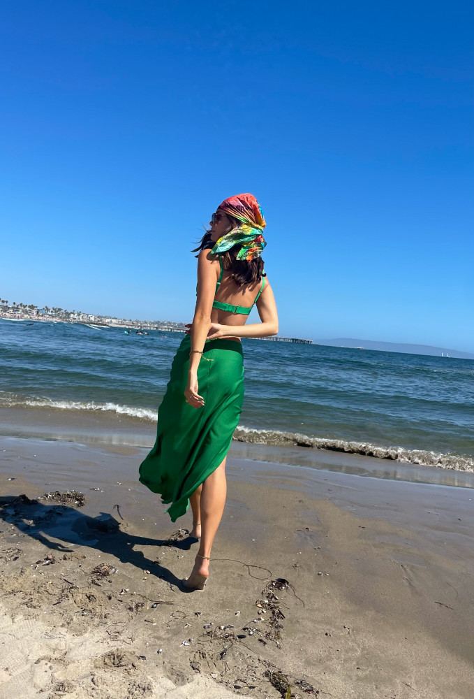 CALIstyle Sea Breeze Satin Midi Skirt In Green - It's Back!