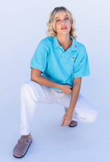 Vintage x Resurrection Hand Embroidered Lacoste Polo Knit Top In Turquoise Blue