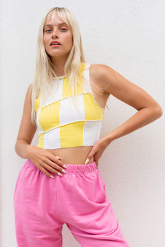 CALIstyle Juicy Fruit Exposed Seam Top Yellow/White