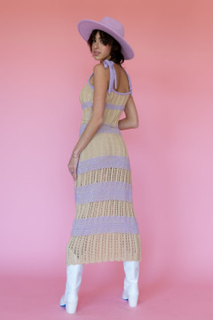 CALIstyle Indio Crochet Maxi Dress In Tan/Lavender - Restock