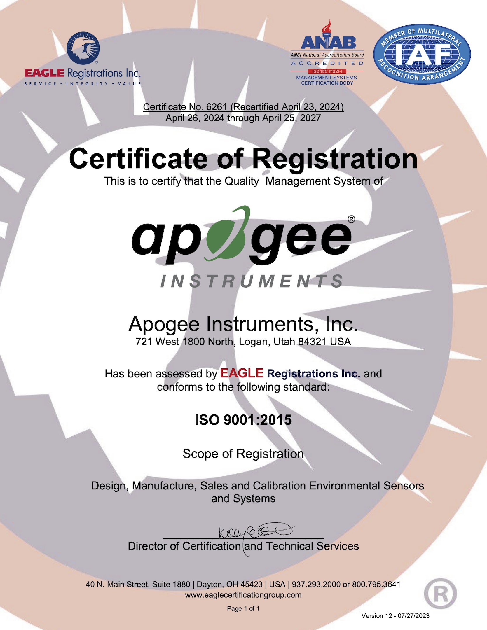 Apogee Instrument's ISO 9001:2015 Certificate