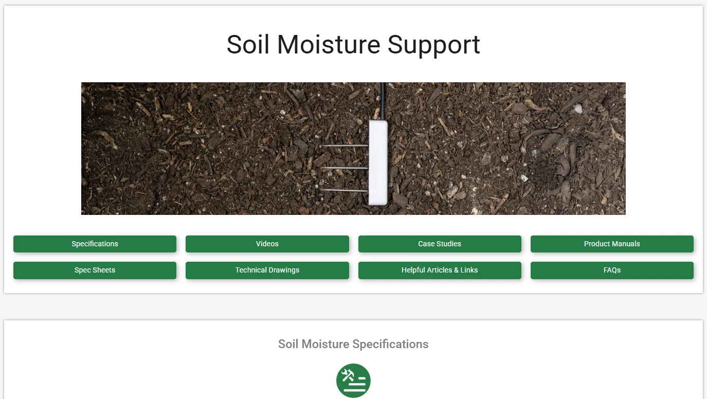 Product support information for soil moisture sensors.