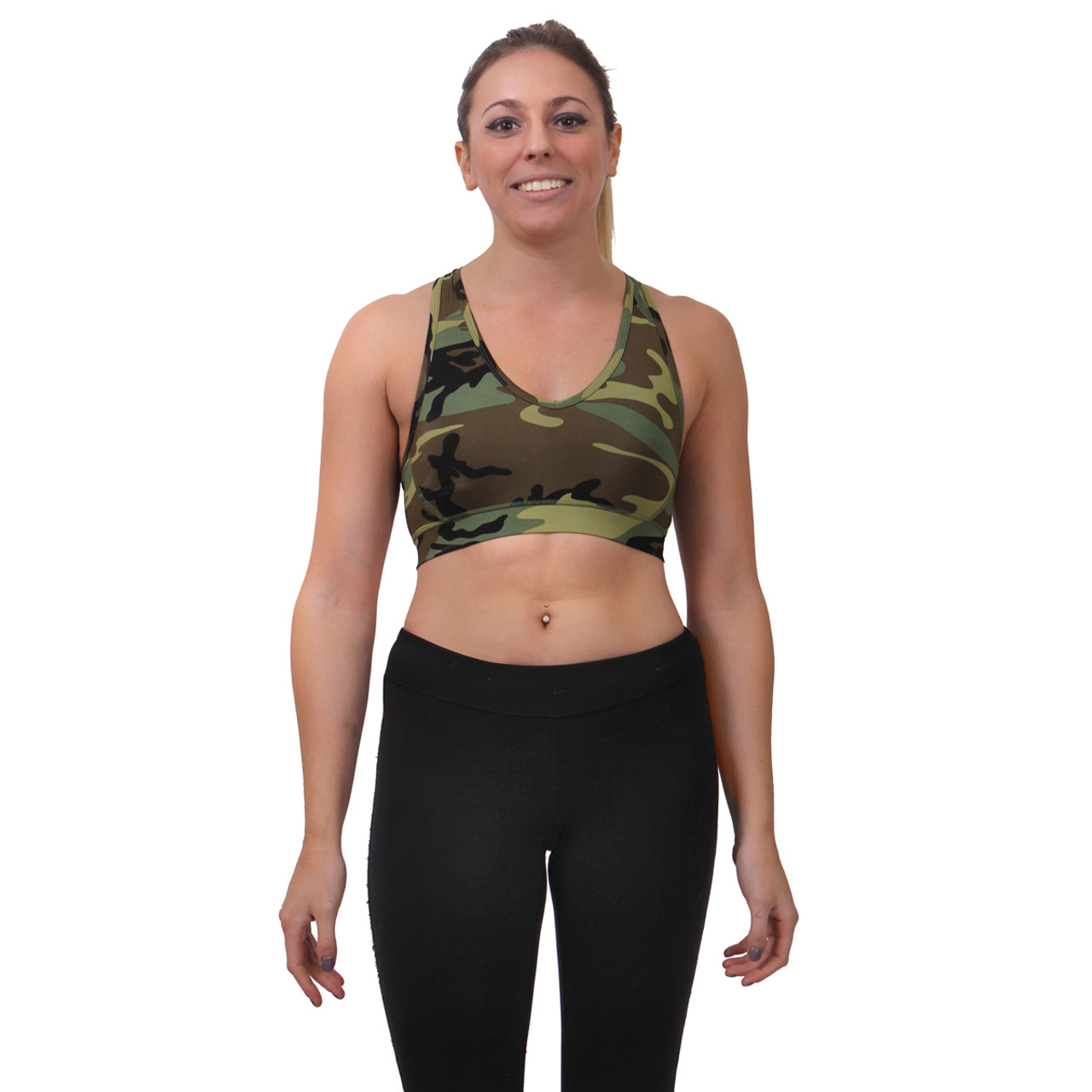 Camo Military Black Gray Khaki Pattern Padded Sports Bra - Inspire