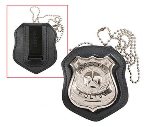 NYPD Style Leather Badge Holder w/Clip - Full View 