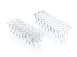 PCR Rigid 8-tube strips w/ind att flat caps, clr, .2ml,q120