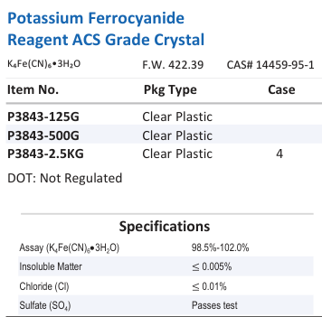 Potassium Ferrocyanide Reagent ACS Grade Crystal Family Panel