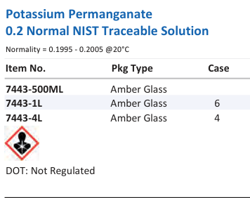 Potassium Permanganate 0.2 Normal NIST Traceable Solution Family Panel