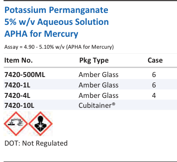 Potassium Permanganate 5% w/v Aqueous Solution APHA for Mercury Family Panel