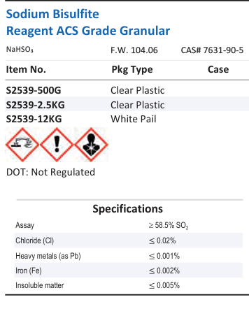Sodium Bisulfite Reagent ACS Grade Granular Family Panel