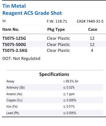 Tin Metal Reagent ACS Grade Shot Family Panel