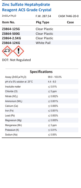 Zinc Sulfate Heptahydrate Reagent ACS Grade Crystal Family Panel