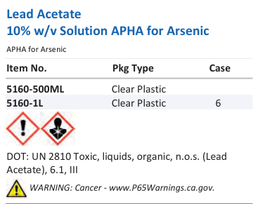 Lead Acetate 10% w/v Solution APHA for Arsenic Family Panel