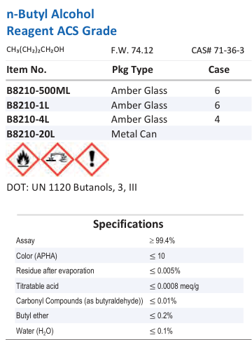 n-Butyl Alcohol Reagent ACS Grade Family Panel