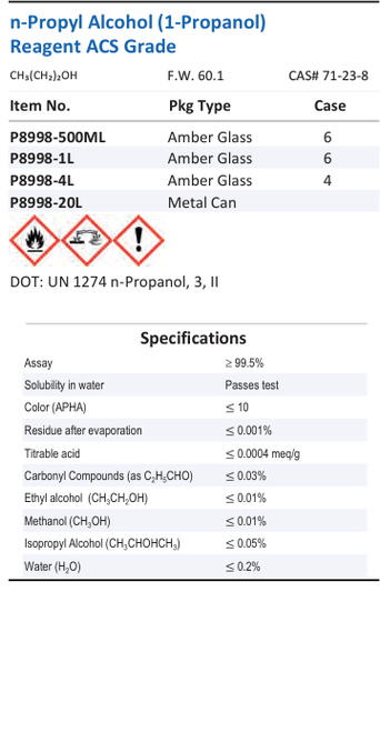 n-Propyl Alcohol (1-Propanol) Reagent ACS Grade Family Panel