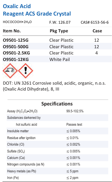 Oxalic Acid Reagent ACS Grade Crystal Family Panel