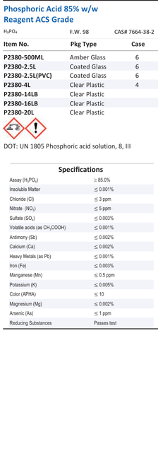 Phosphoric Acid 85% w/w Reagent ACS Grade Family Panel