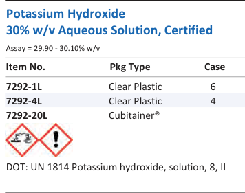 Potassium Hydroxide 30% w/v Aqueous Solution, Certified Family Panel