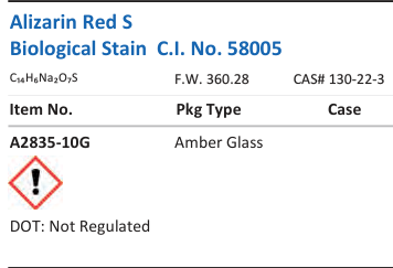 Alizarin Red S Biological Stain C.I. No. 58005 Family Panel