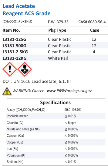 Lead Acetate Reagent ACS Grade Family Panel