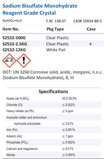 Sodium Bisulfate Monohydrate Reagent Grade Crystal Family Panel