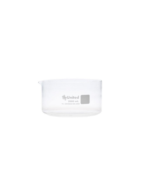 United Scientific® Crystalclear™ Crystallizing Dish 150 mL, Flat Bottom - With Spout, Borosilicate Glass