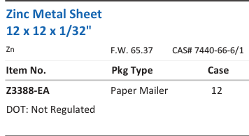 Aqua Solutions catalog panel - Zinc Metal Sheet 12 x 12 x 1/32"