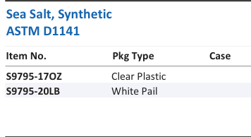 Aqua Solutions catalog panel - Sea Salt, Synthetic ASTM D1141