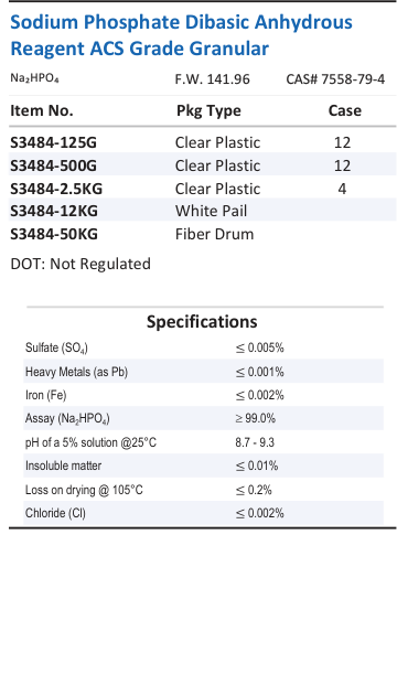 Aqua Solutions catalog panel - Sodium Phosphate Dibasic Anhydrous Reagent ACS Grade Granular