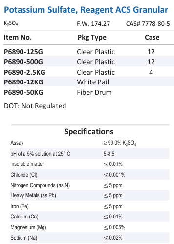 Aqua Solutions catalog panel - Potassium Sulfate, Reagent ACS Granular