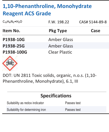 Aqua Solutions catalog panel - 1,10-Phenanthroline, Monohydrate Reagent ACS Grade