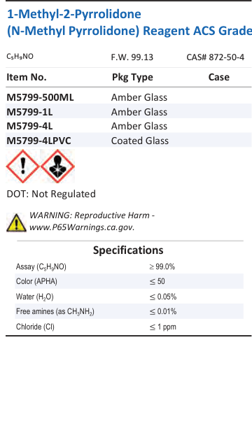 Aqua Solutions catalog panel - 1-Methyl-2-Pyrrolidone (N-Methyl Pyrrolidone) Reagent ACS Grade